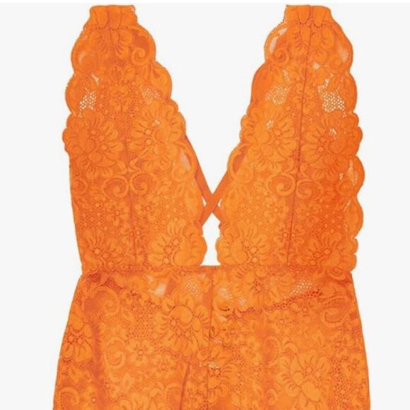 We are HAH 'Comin' in Haht' Orange Deep V Neck Lace Bodysuit NWT - Picture 7 of 11